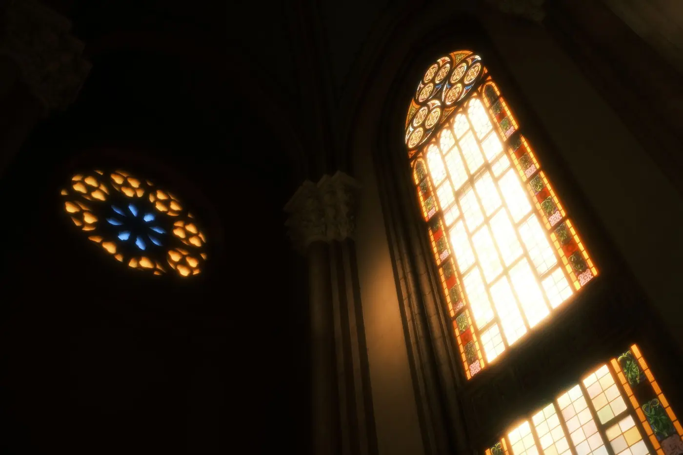 Light falling through the church windows onto the pews